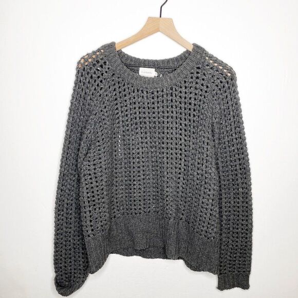 Flannel Chunky Open Crochet Knit Wool Blend Crew Neck Pullover Sweater Gray M - Picture 1 of 6